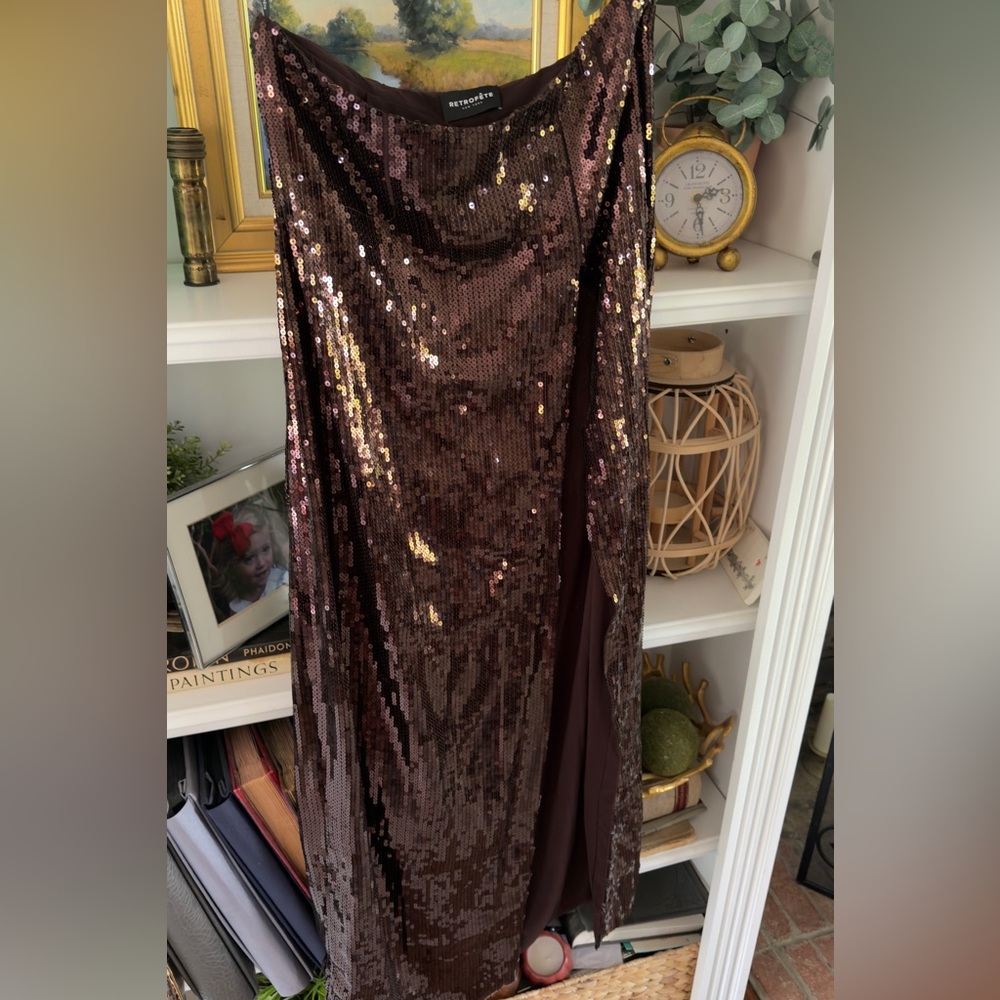 Retrofete Brown Sequin Savannah High Slit Maxi Skirt Size Medium. - Picture 4 of 7